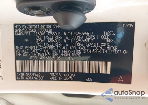 2006 Toyota 4Runner Sr5 V6 z USA, uszkodzony, nr VIN JTEBU14R168065103